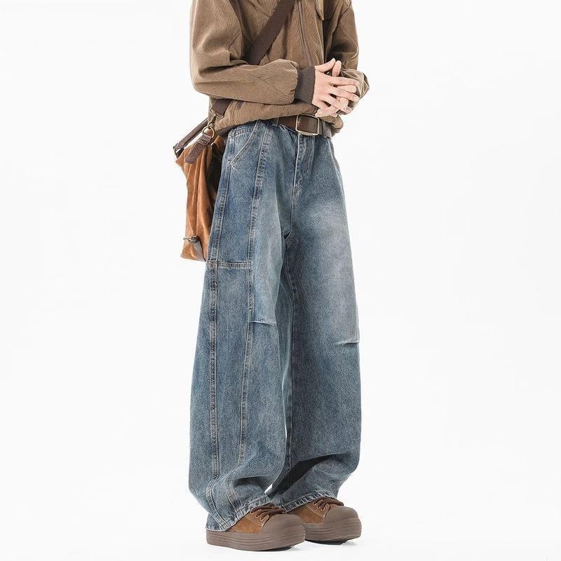デニムパンツ メンズ ワイドレッグ ストレート ルーズフィット ロングパンツ コットン 水洗加工 ドローストリング オールシーズン 普段使い ダークブルー ライトブルー