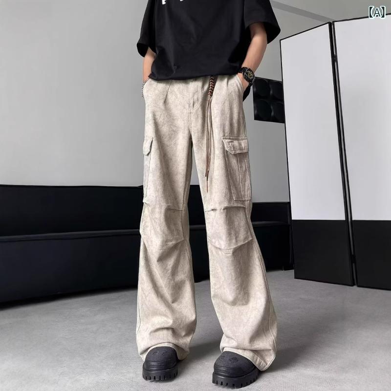 カーゴパンツ メンズ デニム ハイウエスト ストレート ルーズ マルチポケット トレンド ストリート アメリカン ビンテージ ウォッシュド コットン 春秋 杏 普段使い ヤング