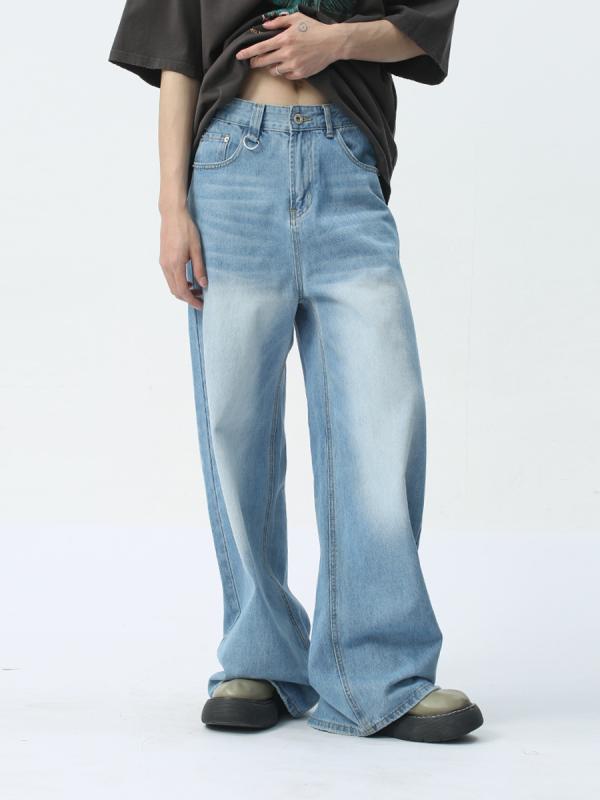 デニムパンツ メンズ 春 ライトブルー ワイドレッグ ロング ミッドライズ ルーズ コットン 再生繊維 ウォッシュ加工 韓国 シンプル 普段使い