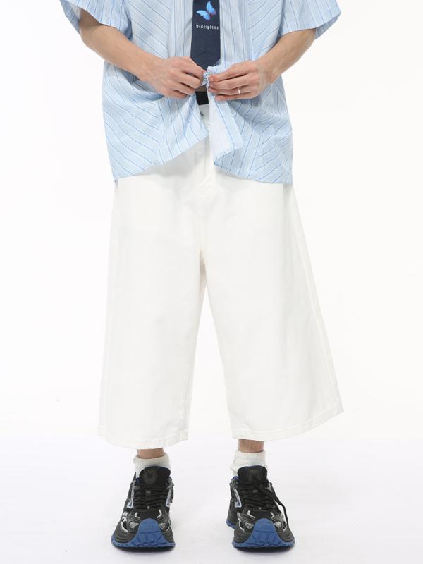 デニムパンツ メンズ 韓国 シンプル 学院風 ワイドレッグ 7分丈 白 コットン 夏 普段使い カジュアル ミッドライズ ジップフライ ルーズフィット ベーシック