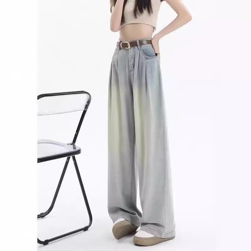 デニムパンツ レディース ワイドレッグ ハイウエスト ストレート ロングパンツ 星空柄 ライトブルー 春夏 ポリエステル混 スパンデックス混 ノーアイロン 中厚 カジュアル ポケット 快適 普段使い