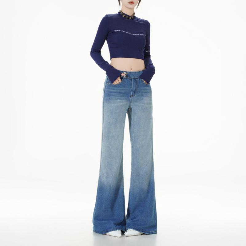 デニムパンツ レディース ハイウエスト ワイドレッグ ロングパンツ ルーズ レトロ ブルー 秋冬 ポリエステル ストレッチ スパンコール カジュアル 普段使い スリム効果