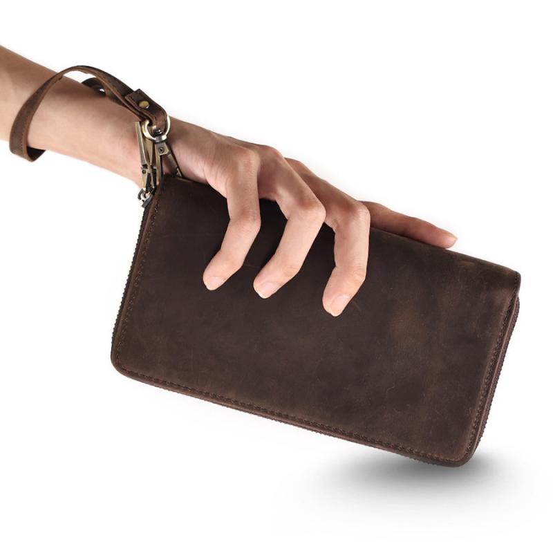 クラッチバッグ メンズ 牛革 真皮 長財布 ダブルジッパー クレイジーホースレザー レトロ 無地 ステッチ RFID 保護 耐摩耗 ビジネス 旅行 ベージュ 冬