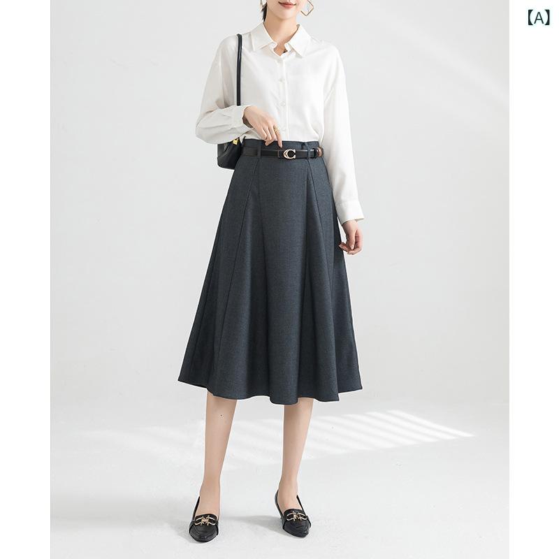 スカート レディース ハイウエスト Aライン ミドル丈 大きなフレアスカート 上品 通勤 無地 ウール混紡 ポリエステル 伸縮性 切り替え ジッパー グレー ラテブラウン 秋