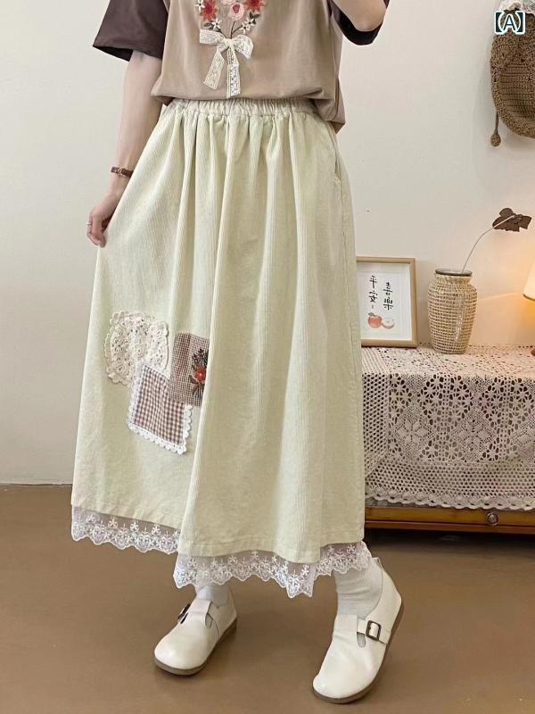 スカート 森系 刺繍 レース クロシェ 植物 花柄 コーデュロイ Aライン ミドル丈 秋 レトロ ボヘミアン かわいい 伸縮性 ベージュ ダークカーキ ネイビー 普段使い 合わせやすい ナチュラル