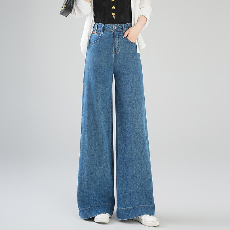 デニムパンツ レディース ハイウエスト ワイドレッグ ストレート ロング ゆったり カジュアル 通勤 普段使い ポリエステル 上品 ベーシック 中厚手 ブルー 春 ポケット 微弾