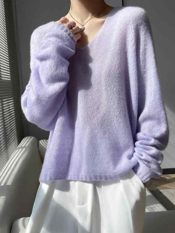 セーター レディース ラウンドネック ゆったり 長袖 ニット シームレス 混紡 薄手 リラックス スタイル 通勤 エレガント 純色 緑 ピンク グレー 秋