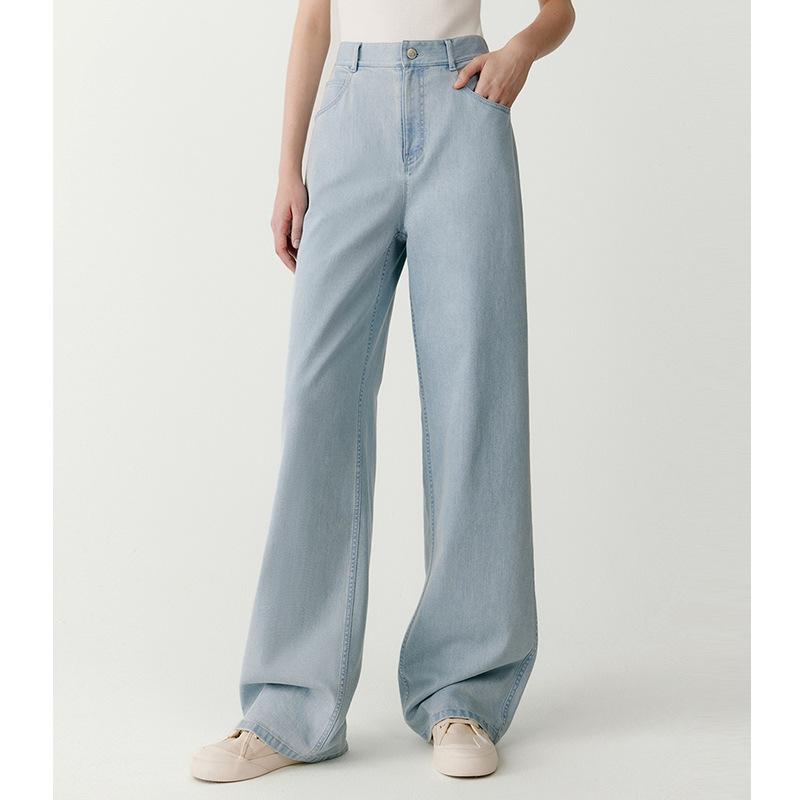 デニムパンツ レディース ハイウエスト ストレート ワイドレッグ ロングパンツ コットン ポリエステル 混 通勤 エレガント 春 ウォッシュ 薄手 インディゴ スリム おしゃれ