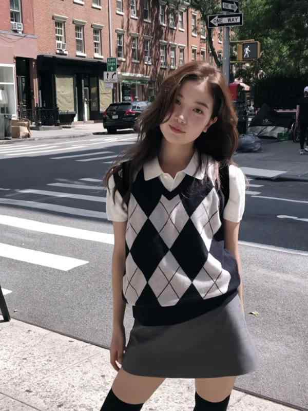 ニットベスト レディース Vネック 菱格子 切り替え ウール 高級感 韓国 プルオーバー ノースリーブ アウター 中厚 普通丈 提花 ネイビー 秋 カジュアル 普段使い