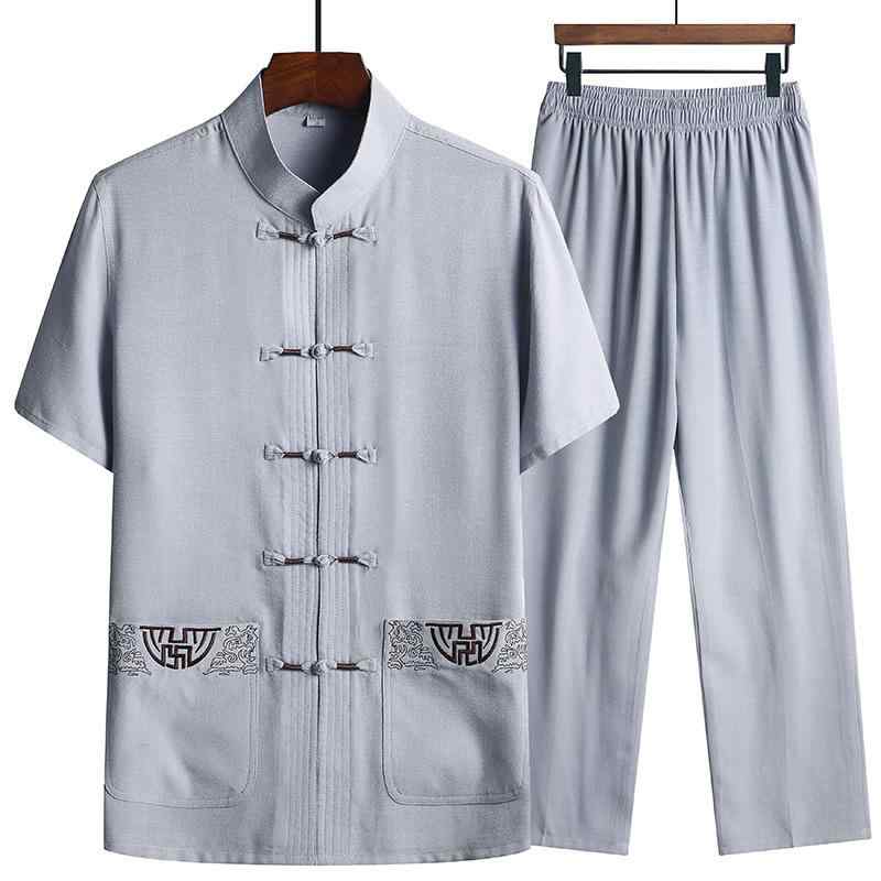 民族服 メンズ 50代 大人 夏 純色 半袖 Tシャツ トップス セット 白 灰 紺 綿麻 ポリエステル 混紡 ボタン 装飾 レトロ クラシック カジュアル ビジネス 紳士 普段使い レジャー おしゃれ