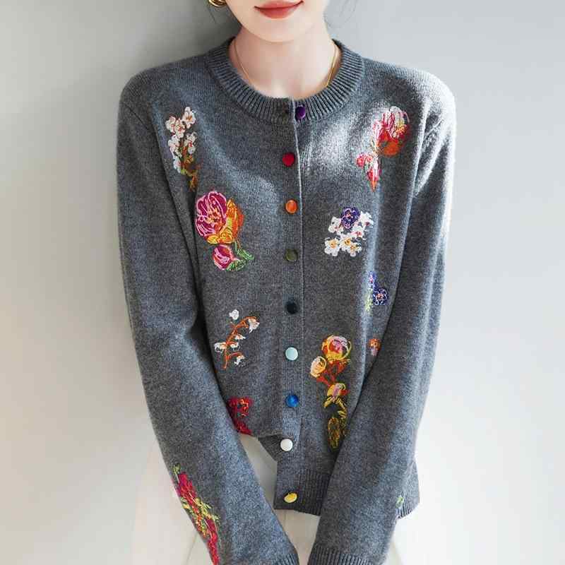 カーディガン レディース 丸首 長袖 刺繍 ウール ゆったり レトロ エスニック 秋冬 グレー 中厚 シングルボタン スタンダード ニットトップス アウター 普段使い 部屋着 伸縮性 高級感 接触冷感 吸湿速乾 軽量 ビッグシルエット Vネック 再生繊維