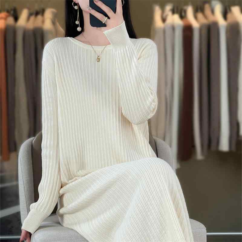 ニットワンピース レディース 秋冬 ロング丈 ラウンドネック 長袖 ルーズ カジュアル 通勤 エレガント 純色 中厚 ポリエステル レーヨン混 ノーアイロン ベージュ ブラック グレー