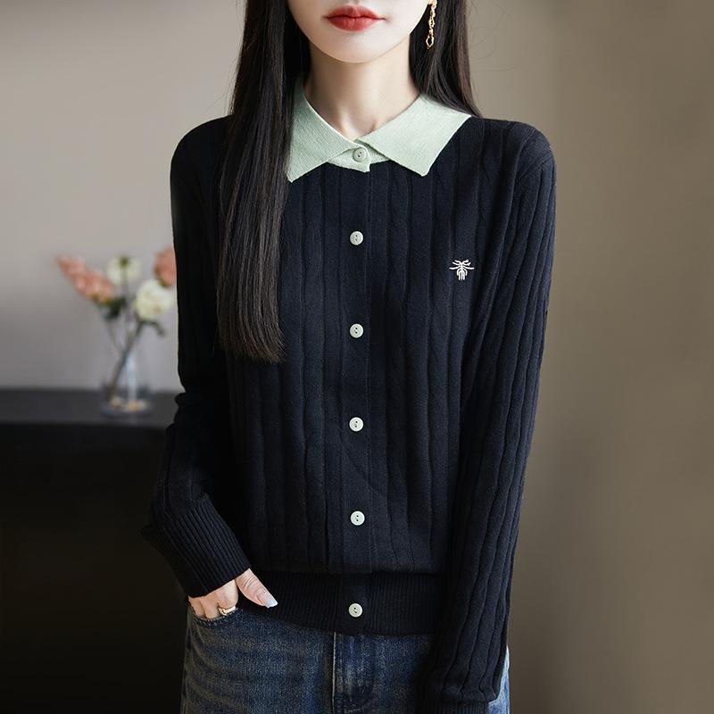 ニット レディース 配色 POLO領 カーディガン 精紡ウール 蜂刺繍 ゆったり 長袖 通勤 春 黒 ピンク グレー ミドルウェイト 優雅 セーター トップス 普段使い