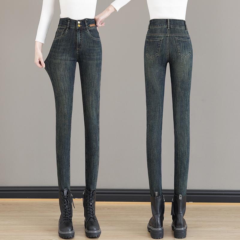 デニムパンツ レディース 秋冬 ハイウエスト スリムレッグ ペンシルパンツ 厚手 コットン 再生繊維 ウォッシュ加工 ジッパー ボタン マルチポケット 通勤 グレー ブラック 快適カジュアル