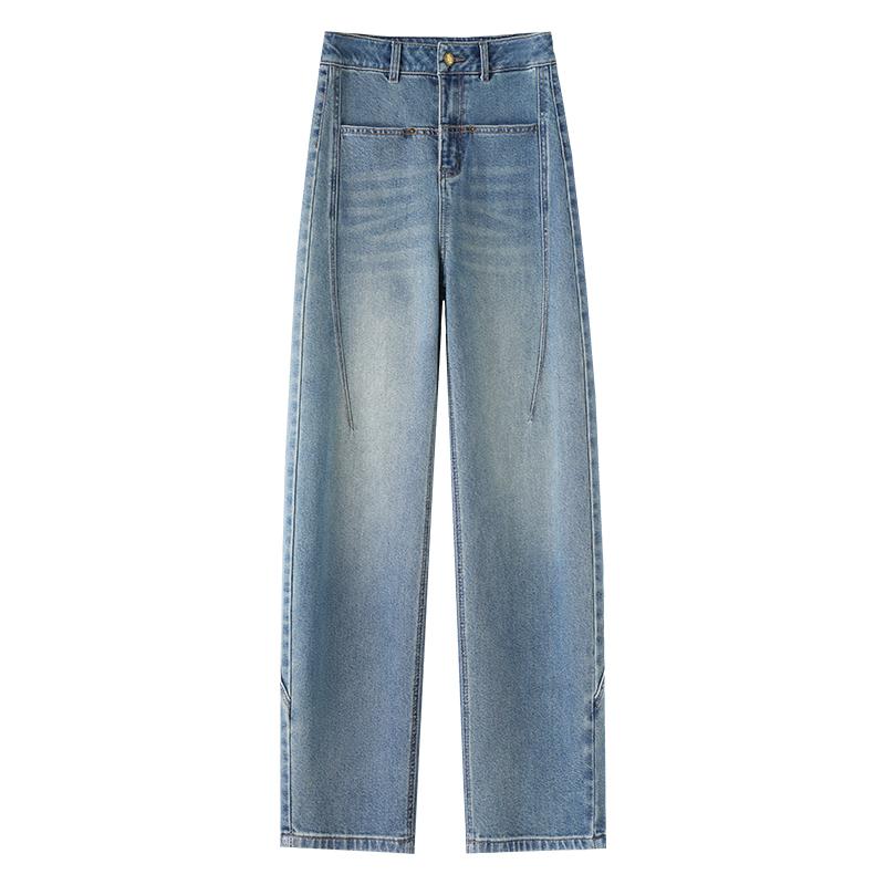 デニムパンツ レディース ハイウエスト バナナシルエット ワイドレッグパンツ ストレートレッグ ロング丈 春秋 通勤風 カジュアルスタイル ブルー コットン混 ポリエステル