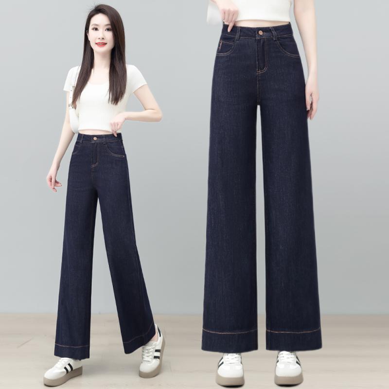 デニムパンツ レディース ハイウエスト ワイドレッグ ストレート ニーパンツ 夏 通勤 ルーズ ストレッチ ダークブルー 綿 ポリエステル ウォッシュ加工 多ポケット