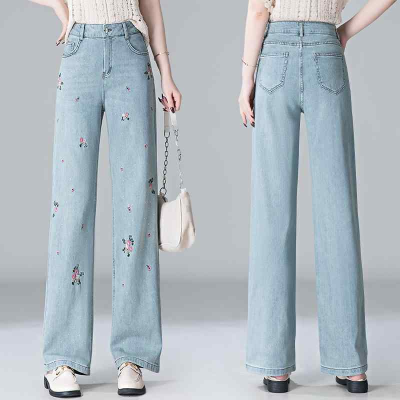 デニムパンツ レディース ワイドレッグ ストレート ハイウエスト 刺繍花 ライトブルー ドレープ感 春秋 通勤風 快適カジュアル 綿 ポリエステル ロング おしゃれ ゆったり