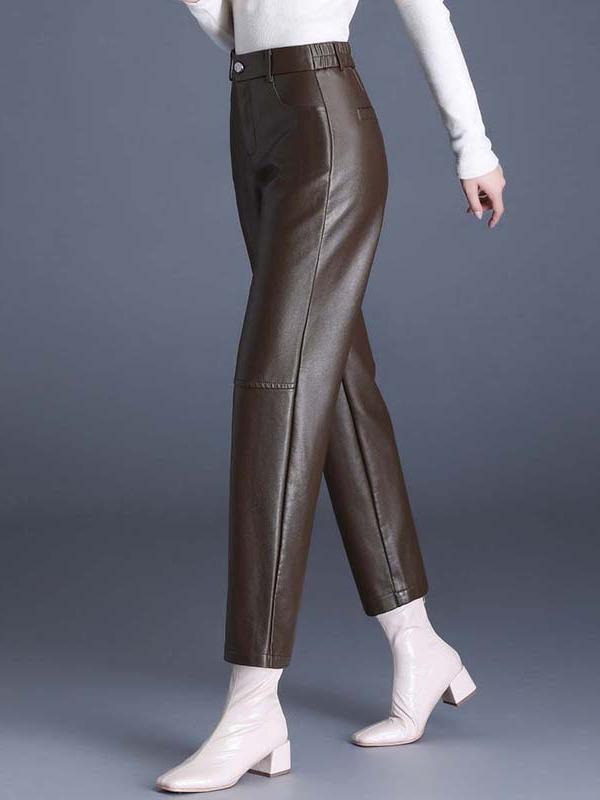 パンツ レディース 秋冬 ワイドレッグ ハイウエスト ニーパンツ 合成皮革 ストレート スリムフィット ハーレムスタイル 落ち感 ポケット ポリエステル ストレッチ 通勤 エレガント 黒 カーキ