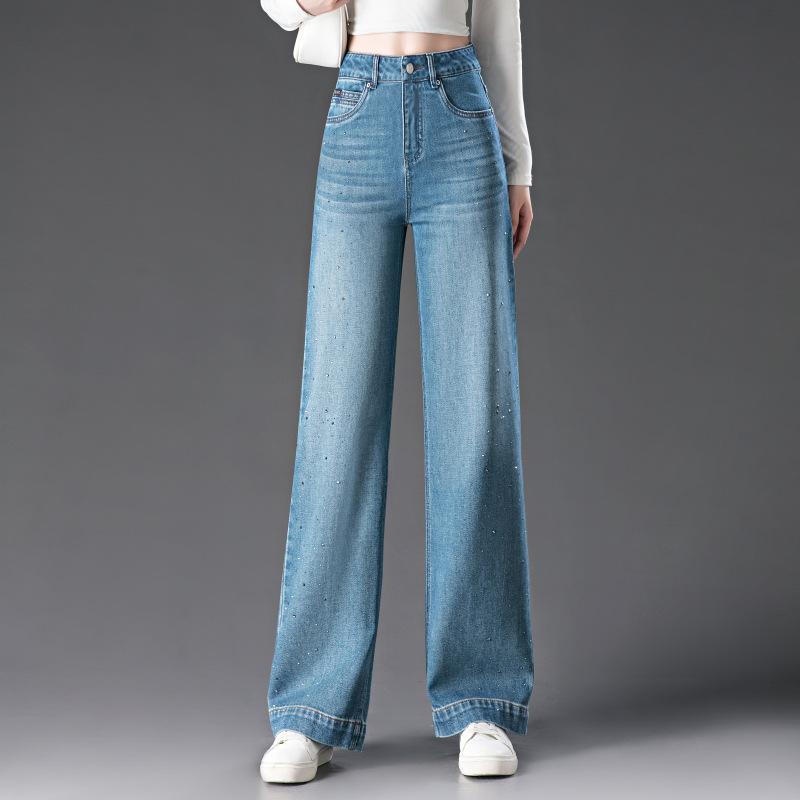 デニムパンツ レディース レトロ ハイウエスト ワイドレッグ ストレート ロング 通勤 エレガント ブルー 春夏 ストレッチ ポリエステル 切り替え ポケット ルーズ ドレープ スリム
