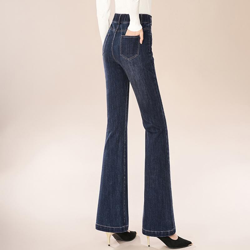 デニムパンツ レディース ハイウエスト 微フレア ロングパンツ 秋冬 通勤 エレガント コットン ストレッチ スリム ウォッシュ加工 デニムブルー ポケット 中厚 レトロ ファッション フィット 優雅 普段使い