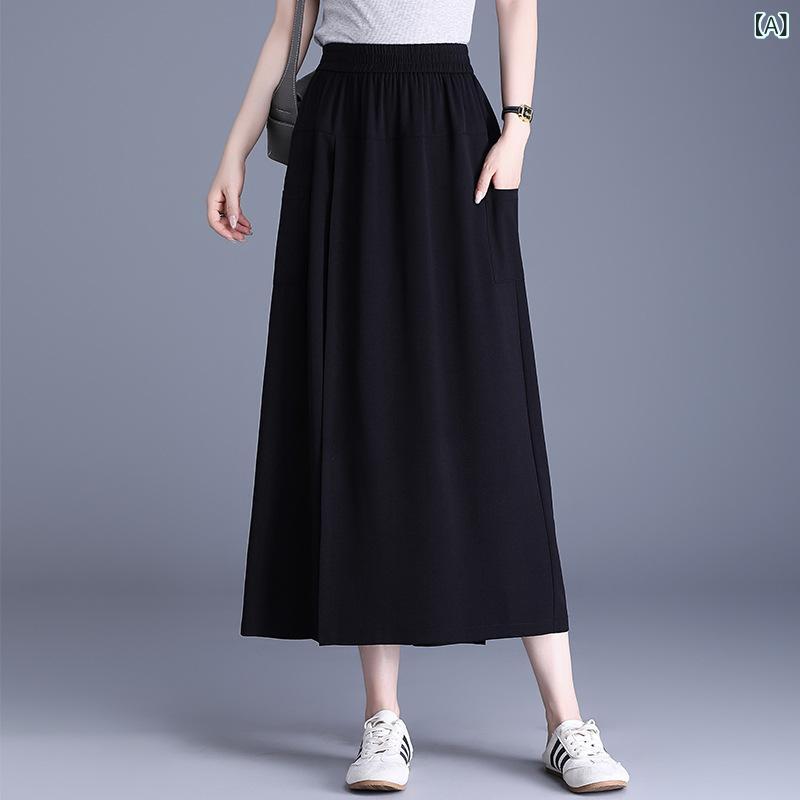 スカートパンツ レディース ワイドレッグ ハイウエスト 薄手 春夏 通勤 カジュアル 上品 ポリエステル ストレッチ ドレープ Aライン ストレート ミディ丈 黒 ネイビー 金属装飾 切り替え