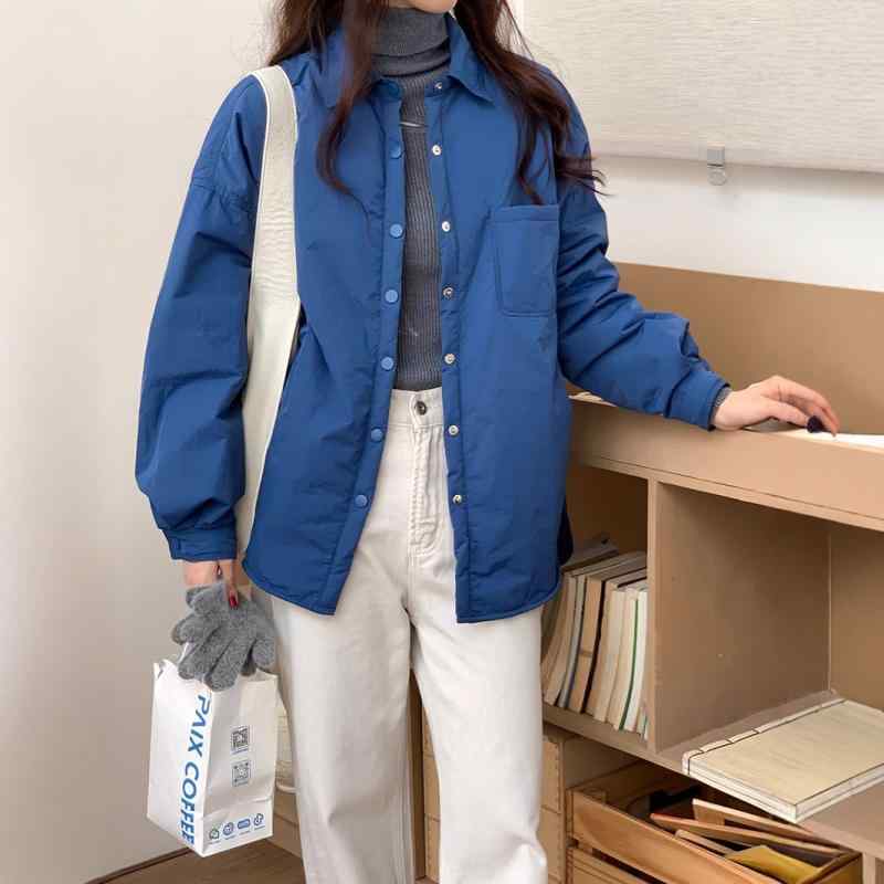 ティーシャツ レディース 綿入り口・入口 冬 ゆったり 御膳上等感 青色 パープル 韓国 保温 中厚 長袖 ポロ襟 衣嚢 ナイロン 心地よい ミディアムレングス 無地 普段使い走り 猥りがわしい 影ぼうし シャツ・ブラウス-レディースファッション-トップス
