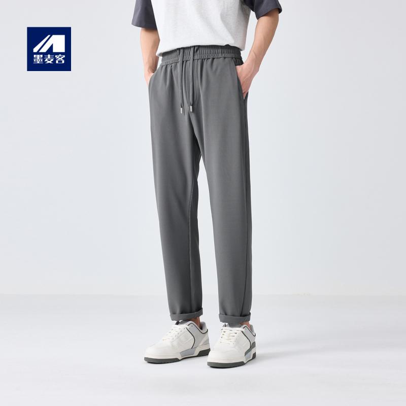 パンツ メンズ ストレート 夏 接触冷感 伸縮ウエスト ワッフル生地 ポリエステル 微弾力 シンプル ベーシック ミッドライズ ドローストリング ソリッドカラー 黒 カーキ ベージュ 普段使い カジュアル