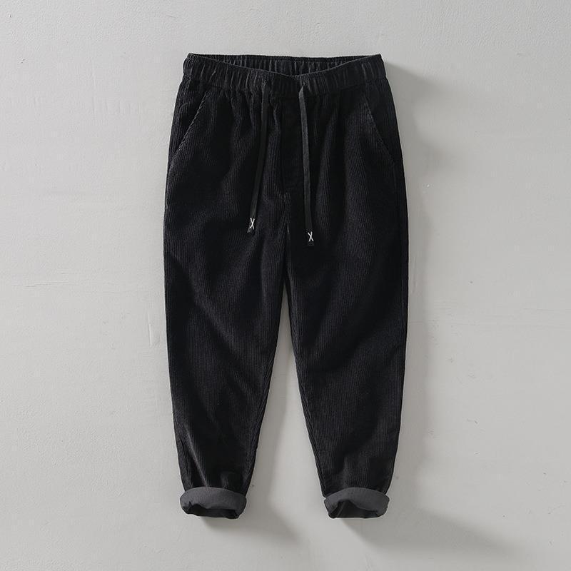 カジュアル ストレートパンツ メンズ 爽やか レトロ コーデュロイ コットン 暖か 長丈 伸縮ウエスト ドローストリング 微弾性 無地 冬 普段使い 青年 黒 緑 ブラウン