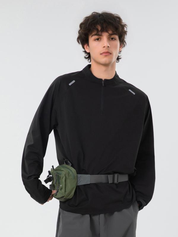 長袖 Tシャツ メンズ 秋 スタンドカラー ハーフジップ UVカット 反射ライン 通気性 ゆったり ルーズ ポリエステル スポーツ カジュアル 普段使い アウトドア 軽量 黒 杏 無地