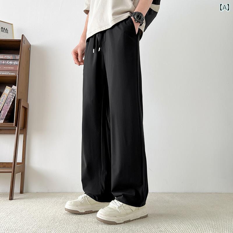 パンツ メンズ ストレート ドレープ 接触冷感 弾力 薄手 春 ビジネス カジュアル ノーアイロン ポリエステル ロング 純色 切り替え 黒 灰 カーキ 普段使い 通勤 ミドル 伸縮性 軽量