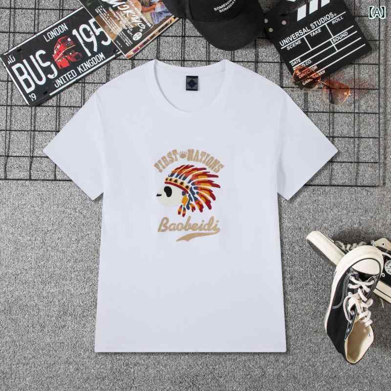 トップス Tシャツ メンズ 夏 半袖 綿 ゆったり 丸首 刺繍 かわいい イラスト柄 通気性 普段使い カジュアル ストリート レジャー 爽やか ニット袖 プルオーバー 白 黒