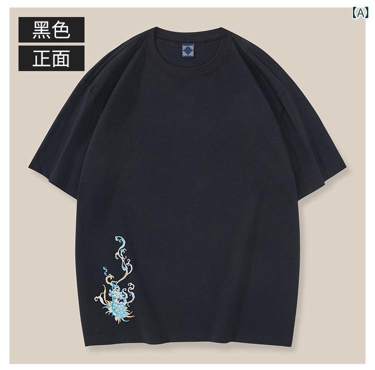 Tシャツ メンズ 半袖 綿 刺繍 ルーズ 大きいサイズ ラウンドネック 夏 通気性 カジュアル 普段使い 黒 白
