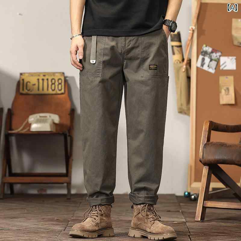 ワークパンツ メンズ レトロ 厚手 カジュアル ズボン 春秋 テーパード ルーズ ミッドライズ ボタンフライ コットン混紡 ポリエステル ストレッチ ノンアイロン バッジ ディテール グレー カーキ ブルー 普段使い