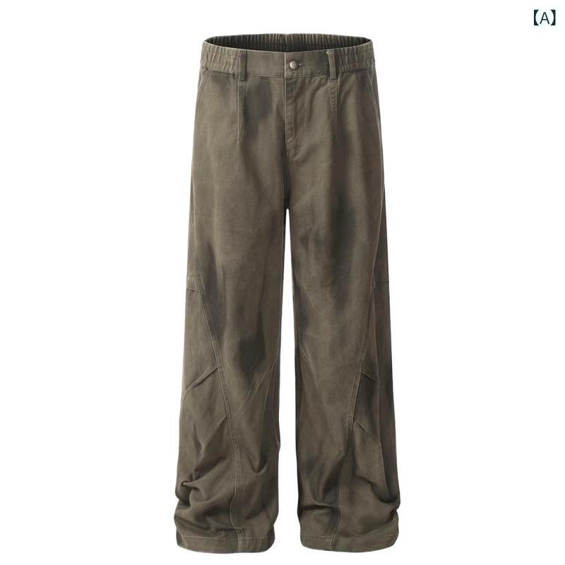 デニムパンツ メンズ ワイドレッグ ルーズフィット ストレートレッグ ミッドライズ ドローストリング 薄手コットン ウォッシュ加工 多ポケット カジュアル ストリート オールシーズン 緑 茶