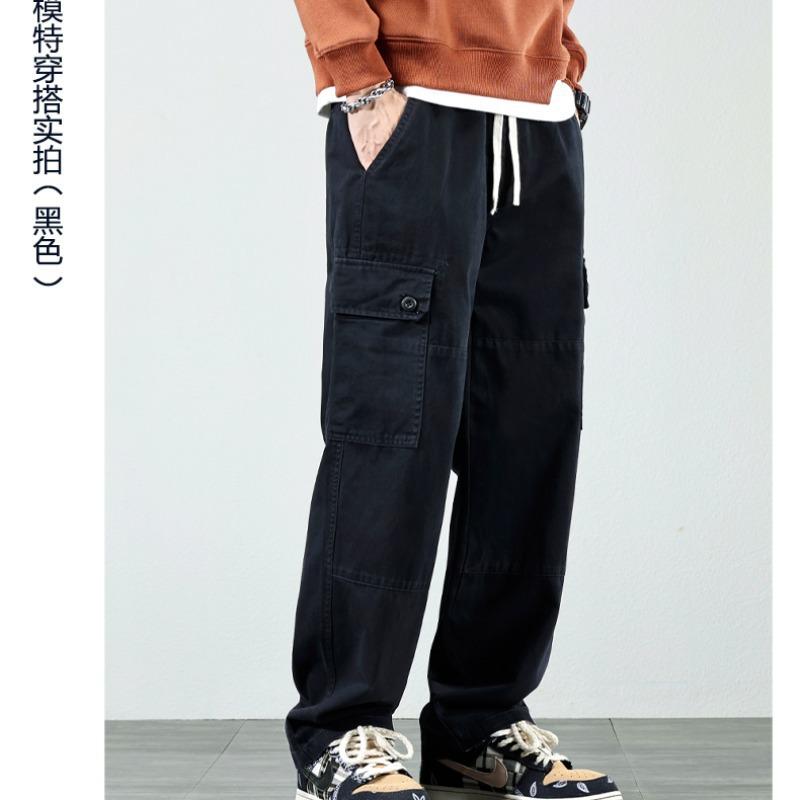 カーゴパンツ メンズ レトロ ルーズ ストレート ドレープ ソフト カジュアル 秋冬 青年 トレンド 普段使い 薄手 ポリエステル コットン 耐摩耗 グレー ブラック グリーン ベルト