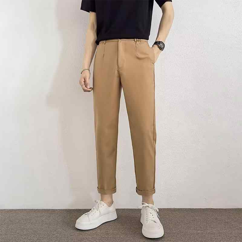 ビジネスカジュアルパンツ メンズ 春夏 ミッドライズ ドレープ感 ストレート 9分丈 ルーズフィット 綿混紡 無地 普段使い 通勤 ファッション アーバン 黒 グレー カーキ