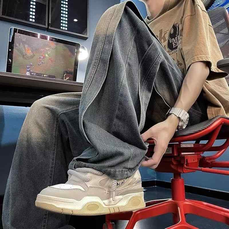 ジーンズ メンズ ストレート ワイドレッグ ロング オールシーズン 普段使い カジュアル ミッドライズ ウォッシュ加工 ルーズフィット ノンストレッチ 青 黒