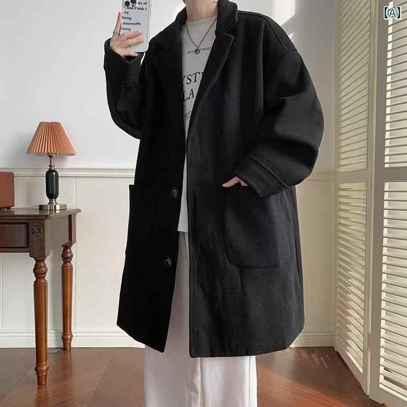 トレンチコート メンズ ミドル丈 ウール混 春秋 合わせやすい おしゃれ カジュアル ルーズ 合成繊維 ポリエステル 無地 スーツカラー シングル イージーケア 普段使い 黒 杏 カーキ
