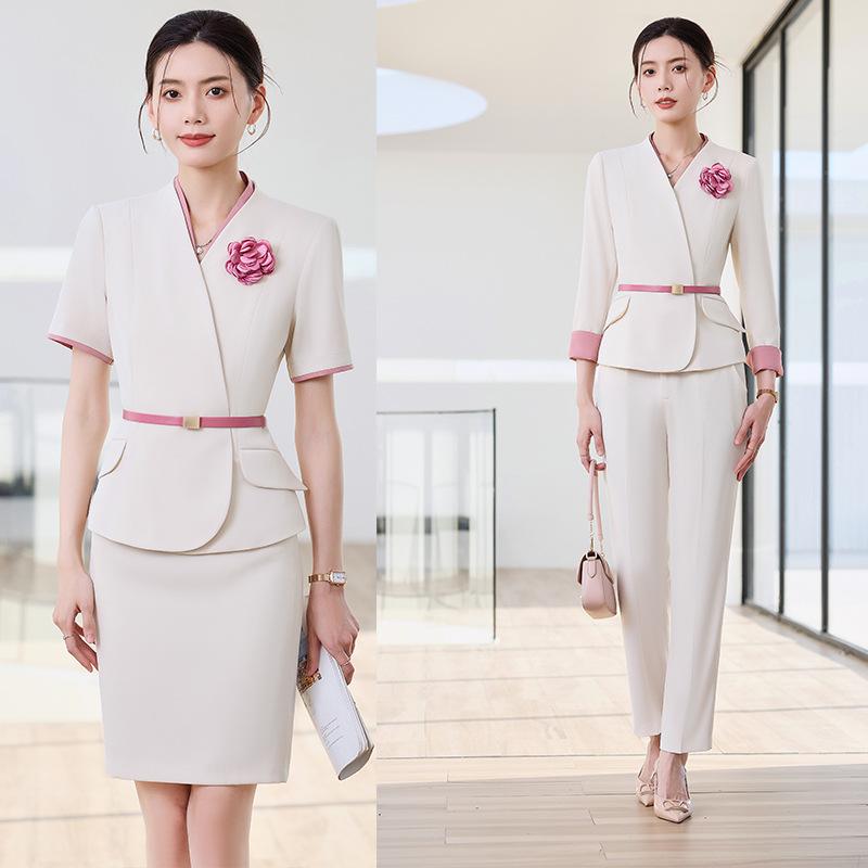 制服 レディース 美容室 ホテル フロント ジュエリー 店 高級感 ファッション エレガント スーツ セット 春 ポリエステル レーヨン 半袖 長袖 スカート パンツ 杏 深藍 白