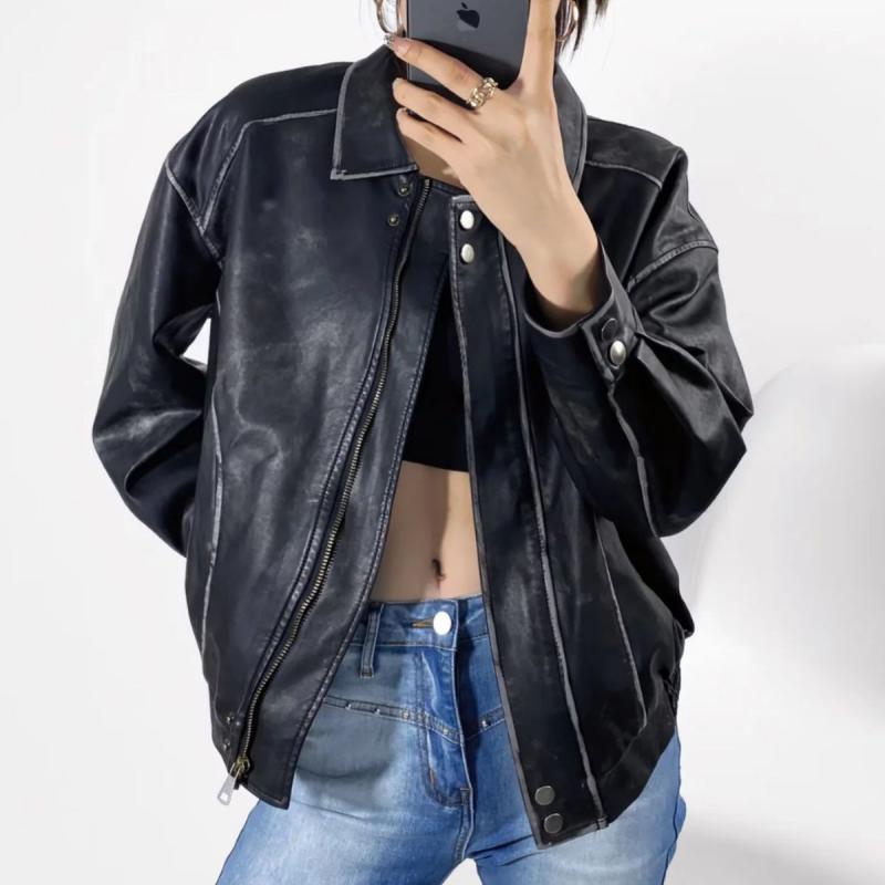 皮ジャケット レディース 秋冬 長袖 ルーズフィット フェイクレザー ヴィンテージ風加工 ストリートスタイル ジップアップ 合成皮革 ゆったり 普段使い ブラック ブラウン