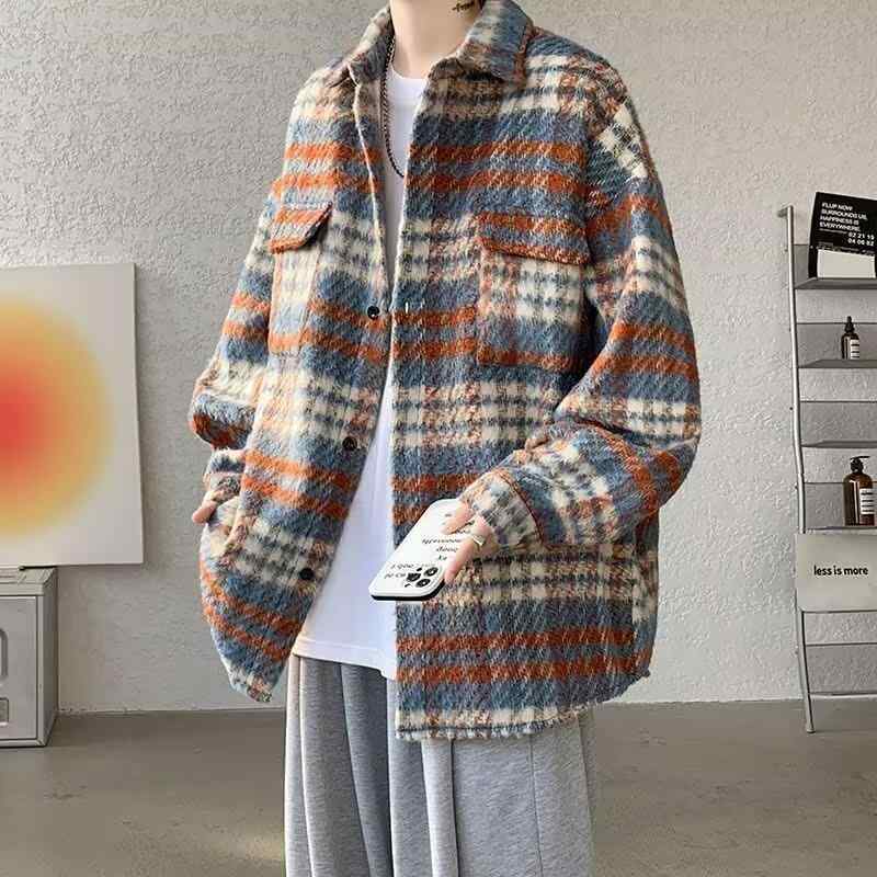 ジャケット メンズ レトロ ルーズフィット スタンドカラー シングルブレスト 厚手 ポリエステル 混紡 チェック柄 シャツスタイル ツートン ストレートヘム ノンアイロン 長袖 春秋 普段使い 赤 緑