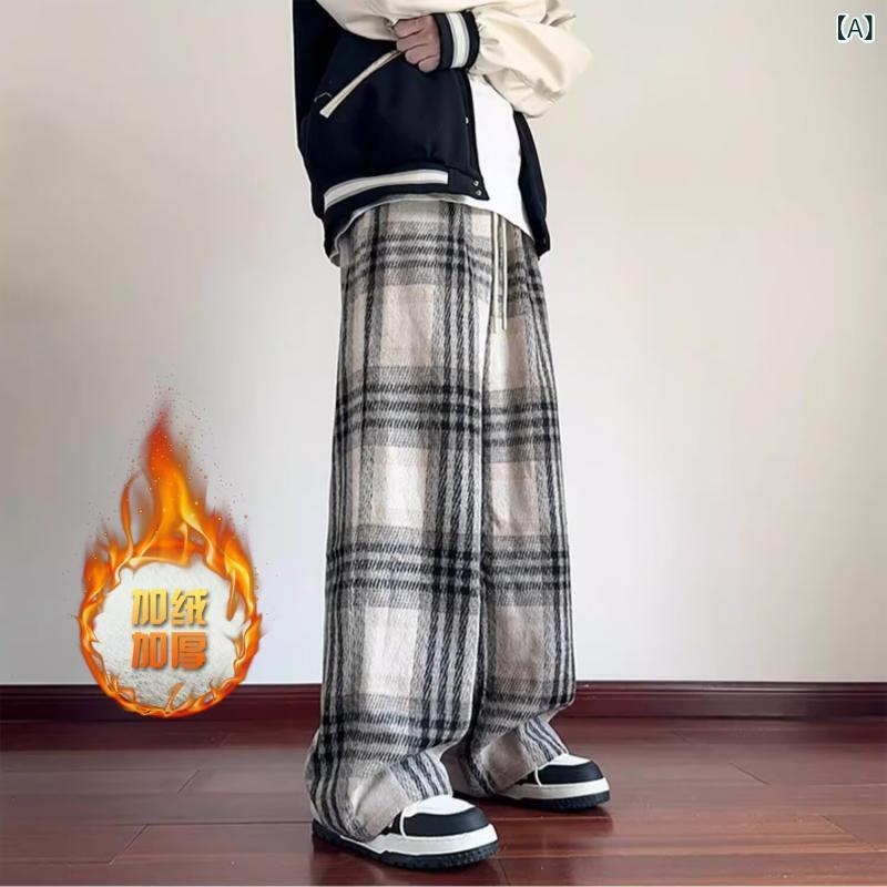 パンツ メンズ 秋冬 チェック柄 ワイドレッグ ルーズ アメリカン レトロ スタイル 青少年 カジュアル ロング ストレート ポリエステル ストレッチ 耐久性 ノーアイロン 普段使い グレー ブラウン