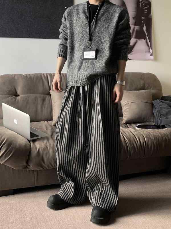 パンツ メンズ レディース アメリカン レトロ ストライプ リラックス ルーズ ドレープ カジュアル ワイドレッグ ストレート 高級感 フロア丈 黒 冬 普段使い 大きいサイズ ポリエステル
