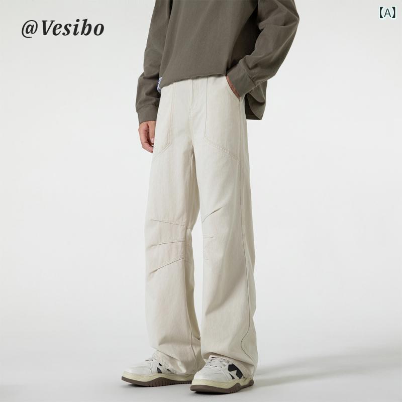 パンツ メンズ ワーク プリーツ ワイドレッグ アメリカン レトロ カジュアル コットン ソリッド ストレート ロング 春秋 カーキ ブラウン ノーアイロン ポケット ディテール 耐摩耗 普段使い
