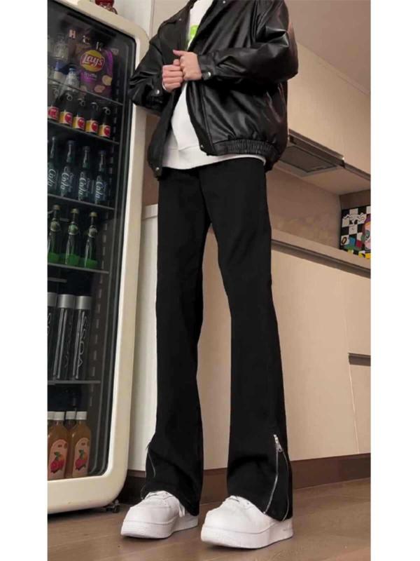 デニムパンツ メンズ 黒 サイドジッパー ストレート ルーズフィット ミッドライズ ジップフライ ウォッシュ加工 コットン 微弾性 春 普段使い ユースカジュアル