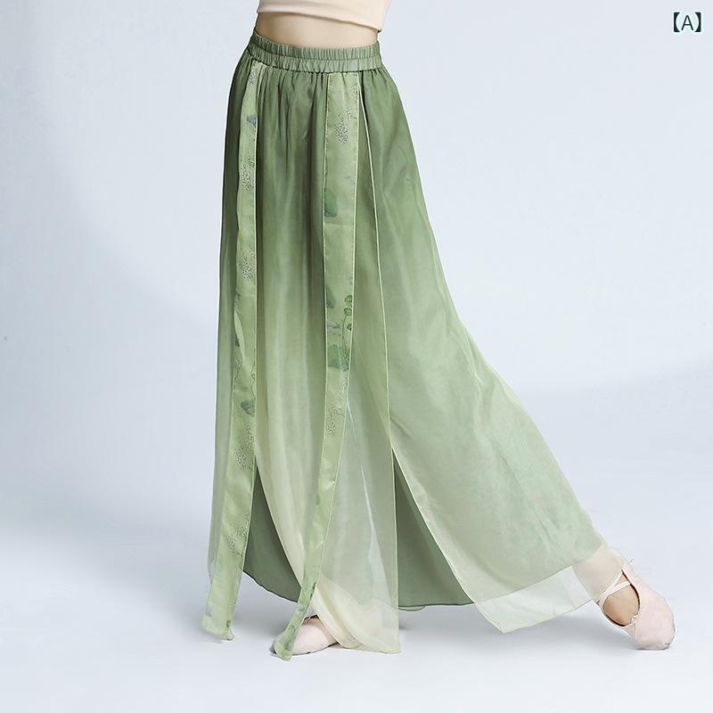 スカートパンツ 民族舞 ダンス 古典舞 グラデーション ゆったり ストレート シフォン ワイドレッグ オリーブグリーン 秋 パフォーマンス 優雅 流れる 軽やか ステージ ボトムス
