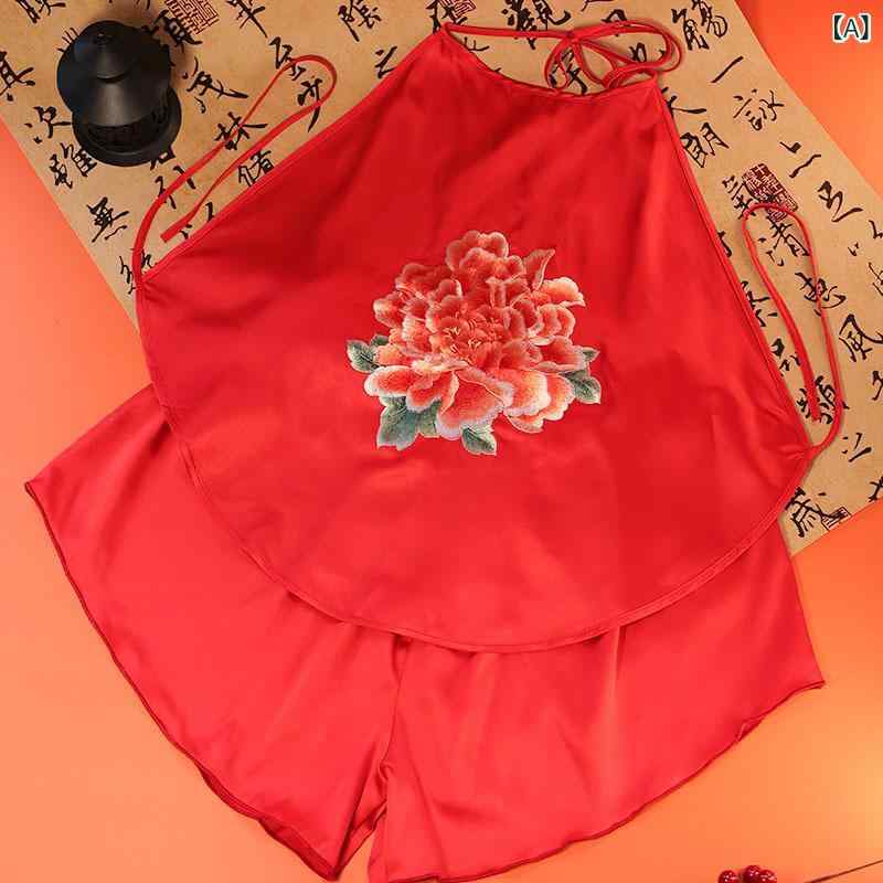 ルームウェア レディース 中国風 刺繍 キャミソール ショーツ セット 赤 ピンク 牡丹柄 蝶柄 短丈 背中開き 紐結び ポリエステル混 春 部屋着 レトロ 優雅 花柄