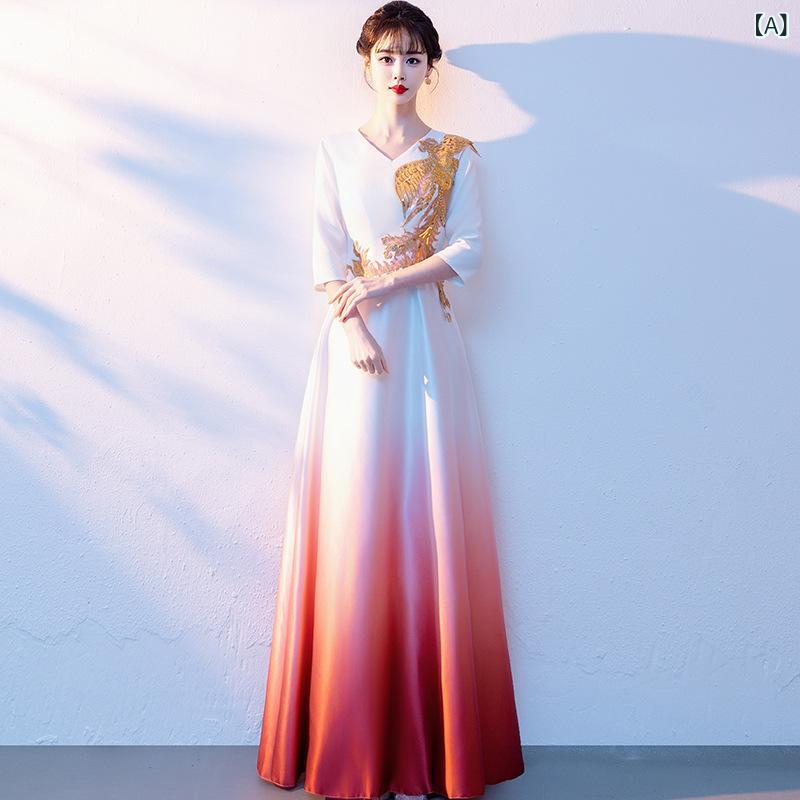 イブニングドレス レディース 長袖 Uネック Aライン ロングスカート ステージパフォーマンス 合唱 朗読 司会 結婚式 プリント ポリエステル メッシュ 春 白 赤 青