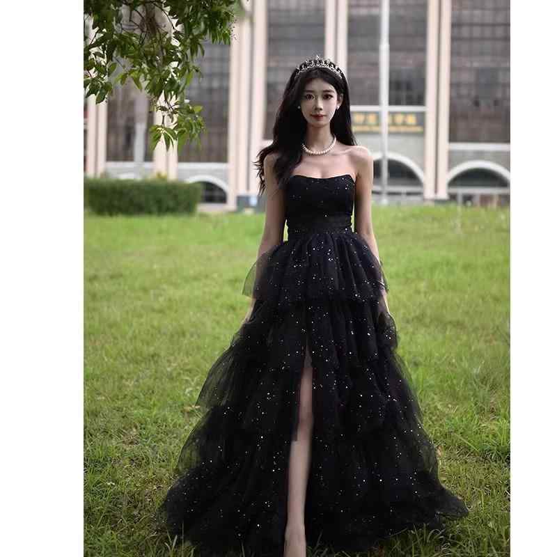 彼者誰時お召しもの レディース 黒 ストラップレス ご機嫌酉の方角 姫御前スコート ロングお召しもの ノースリーブ 炎節表現スタイル 寄り合い フォーマル 御前上等感 ポリエステル 窈窕たる 女子らしい ドレス-レディースファッション