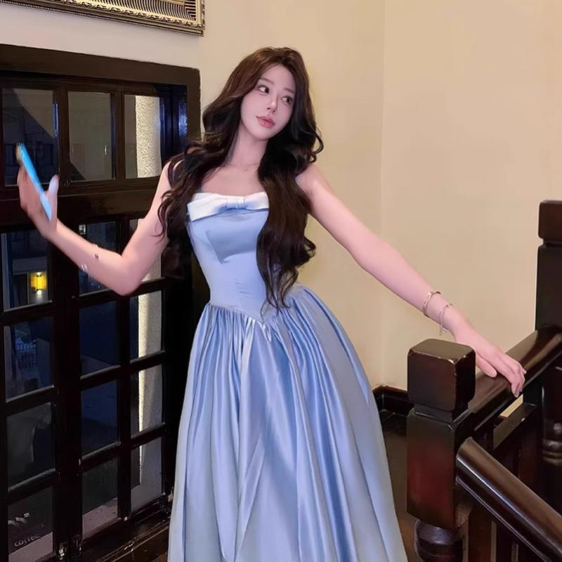 衣装 レディース 同盟罷工一巡り ノースリーブ A伝達ルート ロングお召しもの リボン結び 繻子 姫御前 太陽フレアスコート  御前上等感 春 寄り合い 生まれ落ちる日 青色 サクラ色 ドレス-レディースファッション